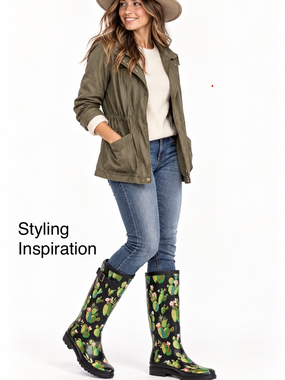 Cactus Print Rain Boots, Black Floral Prickly Pear, Tall Rubber Women’s 10